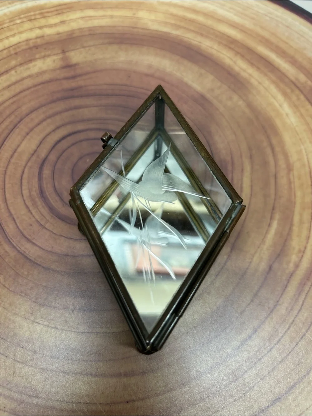 Vintage Diamond Coffin Style Glass Trinket Box Brass Footed Mirrored Floral